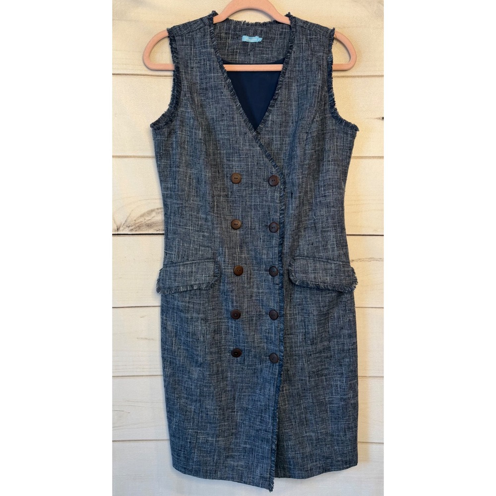 J.McLaughlin Blue Tweed Fringe Trim Double Breasted Sheath Dress Size 6